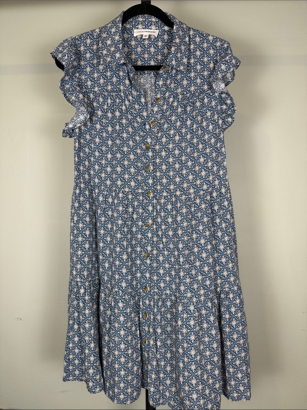 Lucky Brand Teal Geo Floral Tile Print Button Front Tiered Shirtdress M